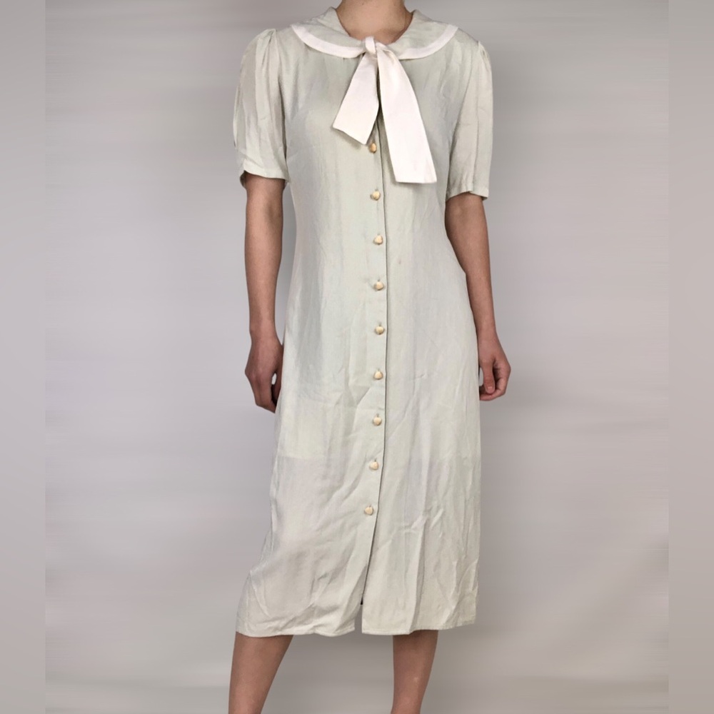 Simple Retro Sailor Collar Tie Neck Puff Sleeve Button Up Dress Size L